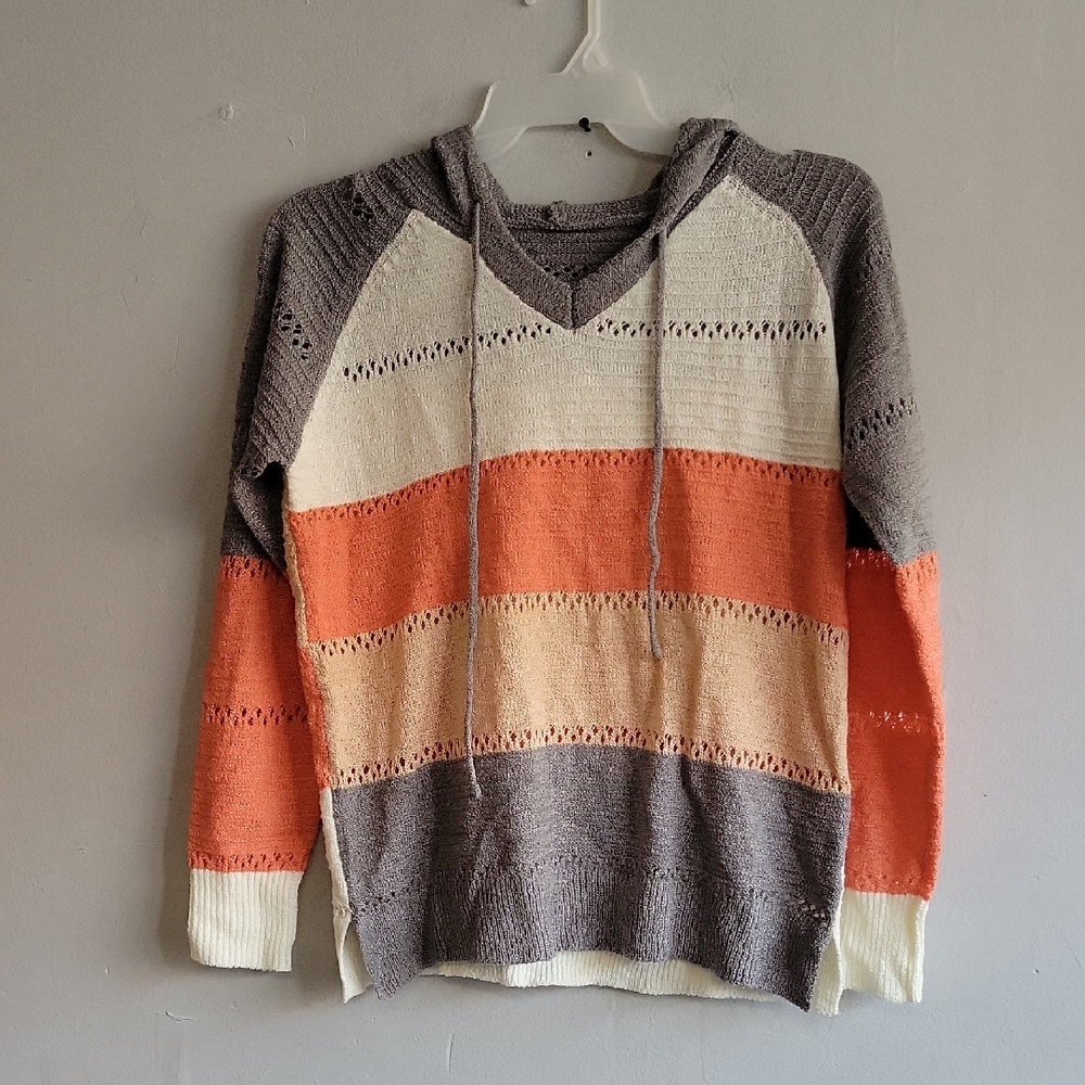 Women's large hooded sweater striped gray/cream/orange w/drawstring